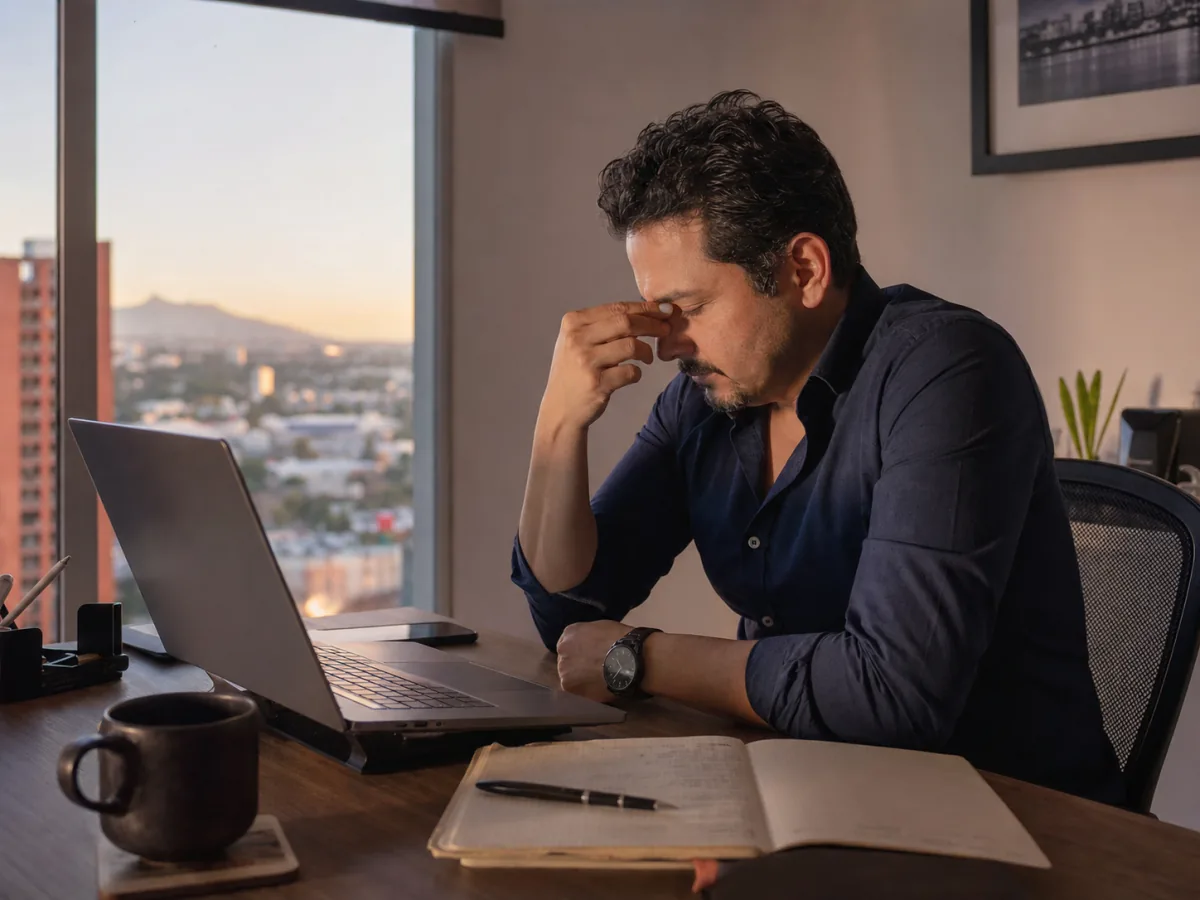 Hombre mexicano cansado frente a su computadora al final del día