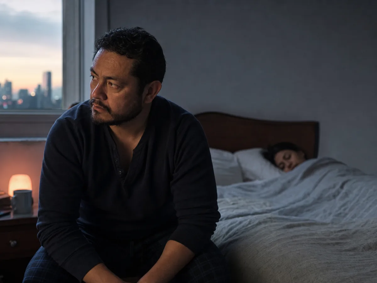 Hombre mexicano adulto despierto al amanecer mientras su pareja duerme